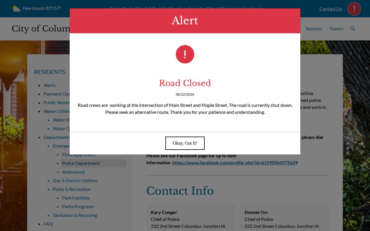 Columbus Junction Police Department official arrest record page