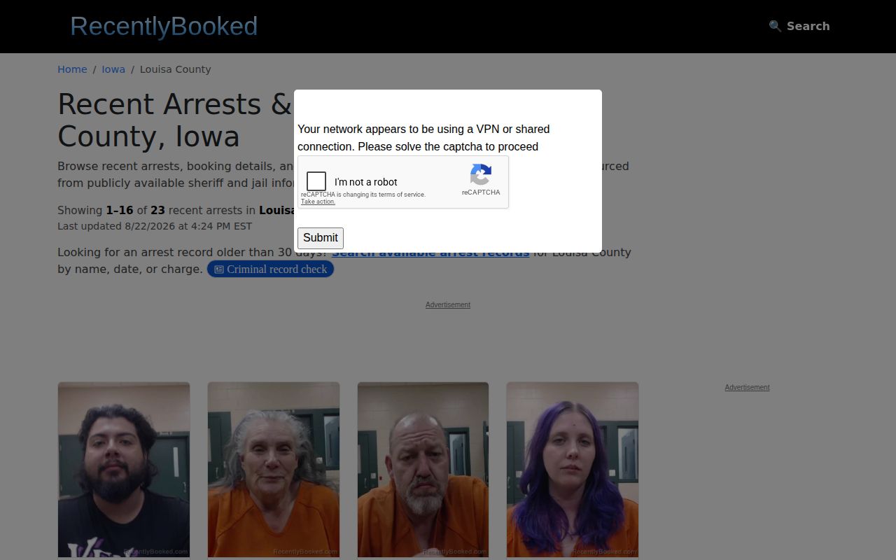Unofficial Recently Booked Louisa County arrest records page